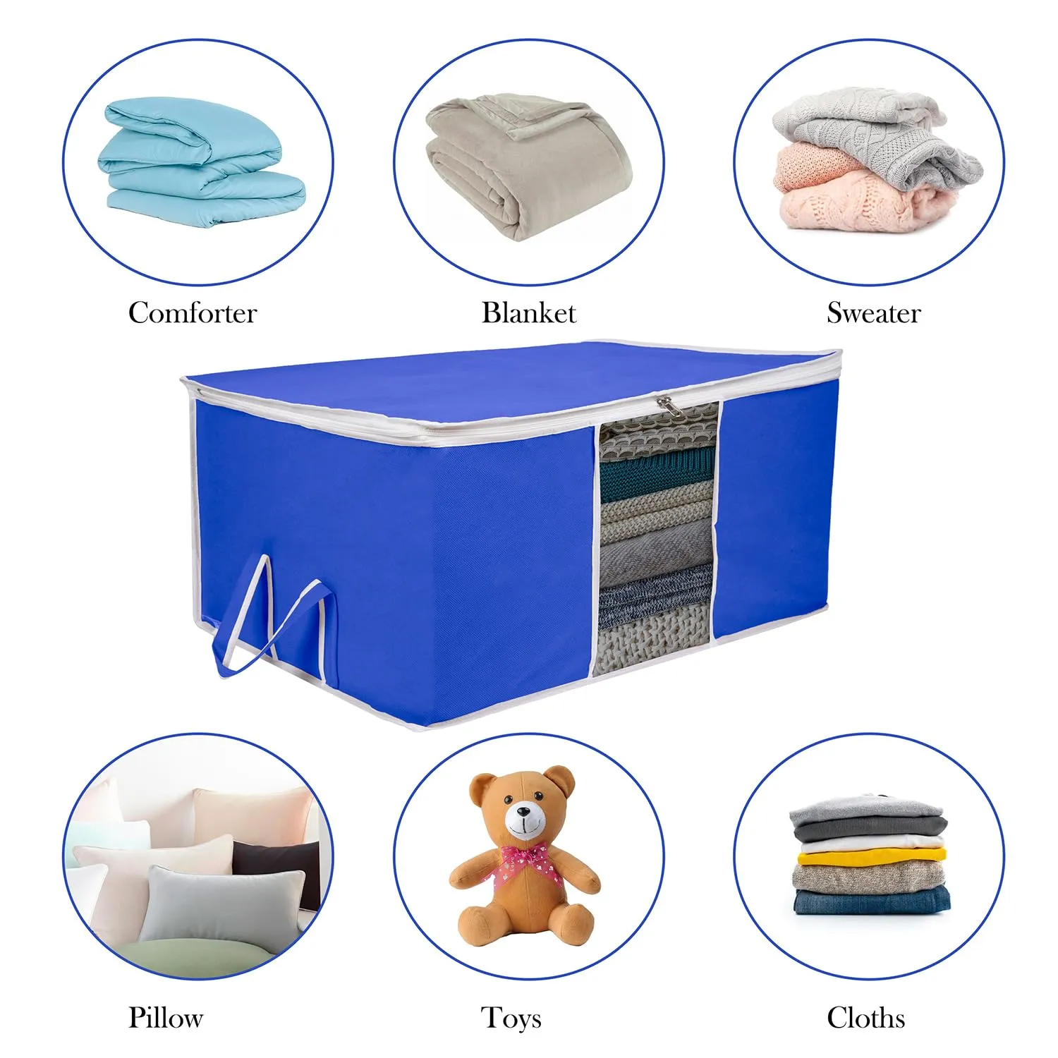 Kuber Industries Underbed Storage Bag | Clothes Storage Organizer | Blanket Cover with Clear Window | Zipper Closure & Handle Cloth Organizer | Plain White Border | Large | Pack of 6 | Royal Blue