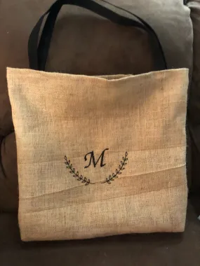 Large Initial Half Wreath Burlap Market Beach Tote