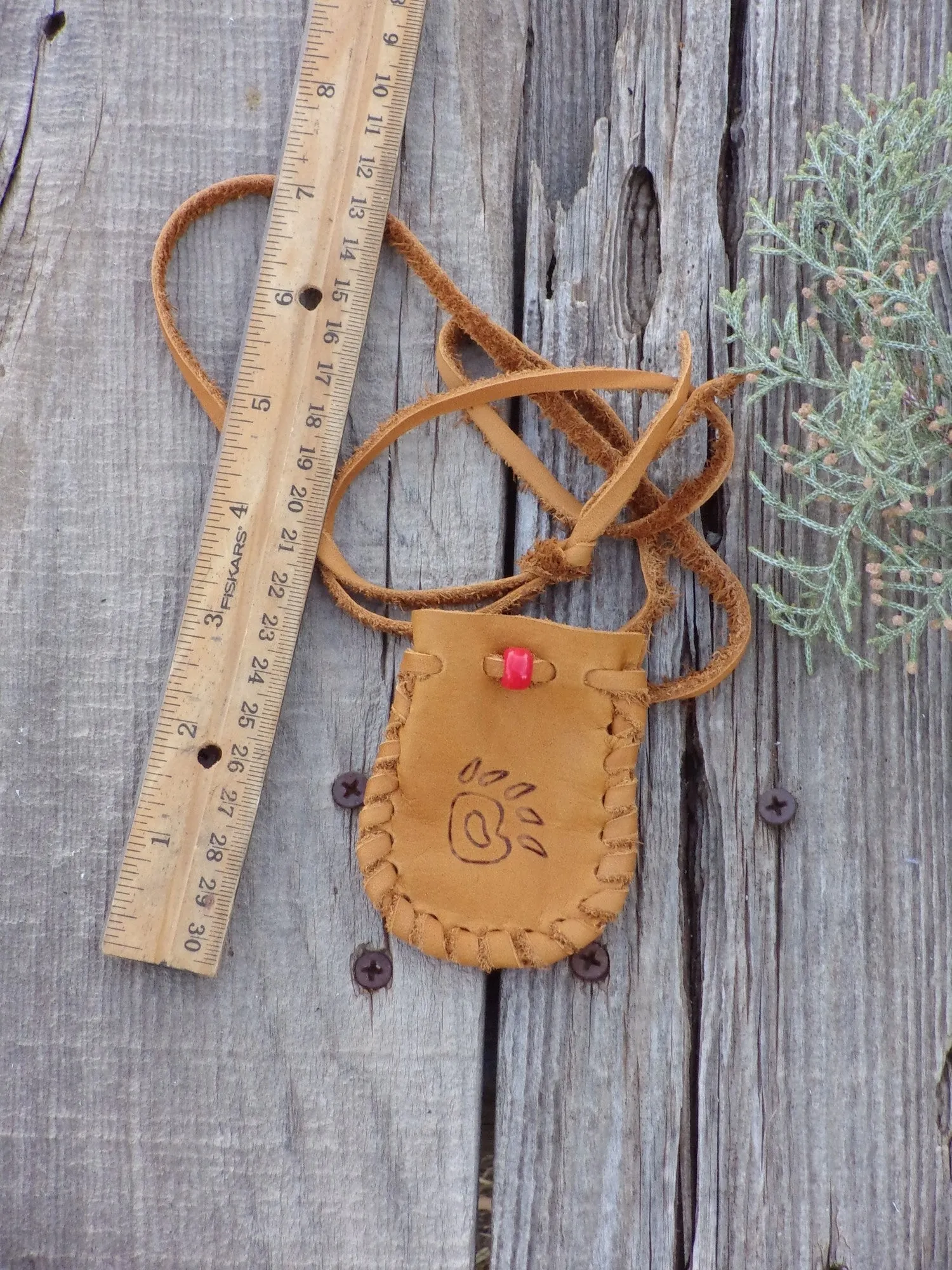 Leather medicine bag,  bear paw totem bag