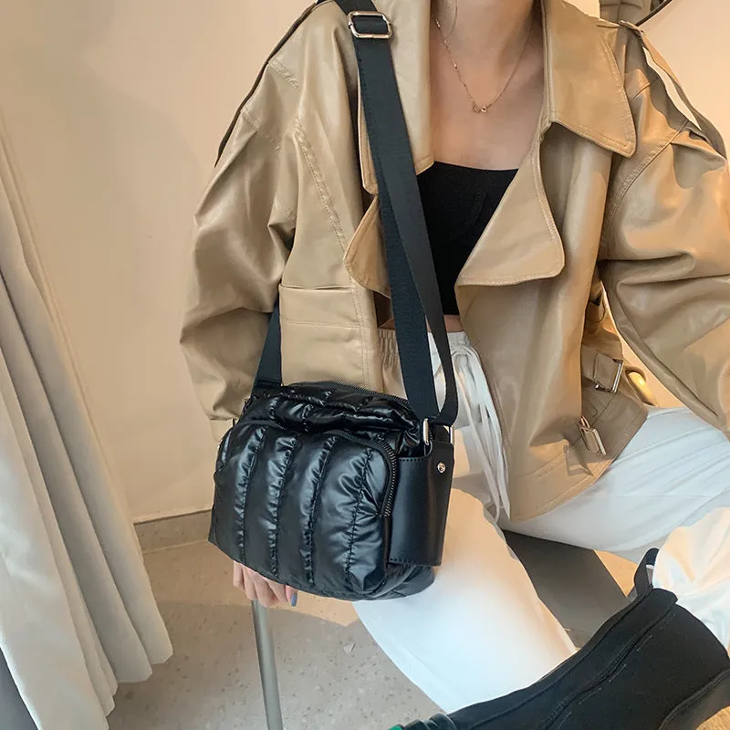 Luxury Space Cotton Shoulder Bags for Women Winter Crossbody Down Bag Designer Handbag Wide Shoulder Strap Messenger Pack