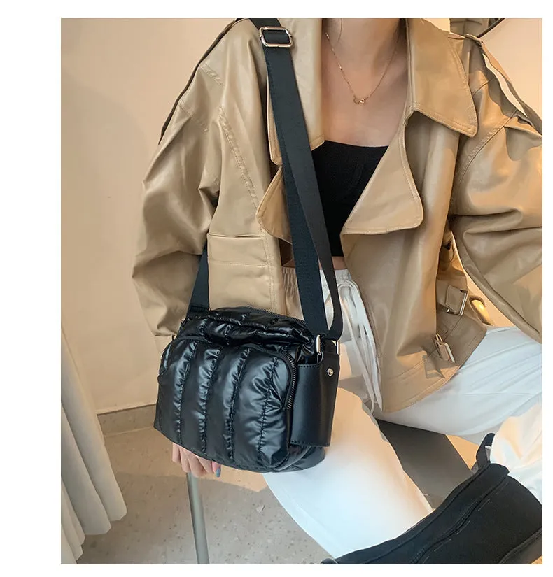 Luxury Space Cotton Shoulder Bags for Women Winter Crossbody Down Bag Designer Handbag Wide Shoulder Strap Messenger Pack