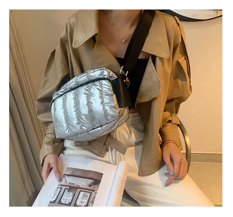 Luxury Space Cotton Shoulder Bags for Women Winter Crossbody Down Bag Designer Handbag Wide Shoulder Strap Messenger Pack