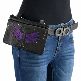 Milwaukee Leather MP8850 Ladies Leather 'Winged' Black and Purple Multi Pocket Belt Bag