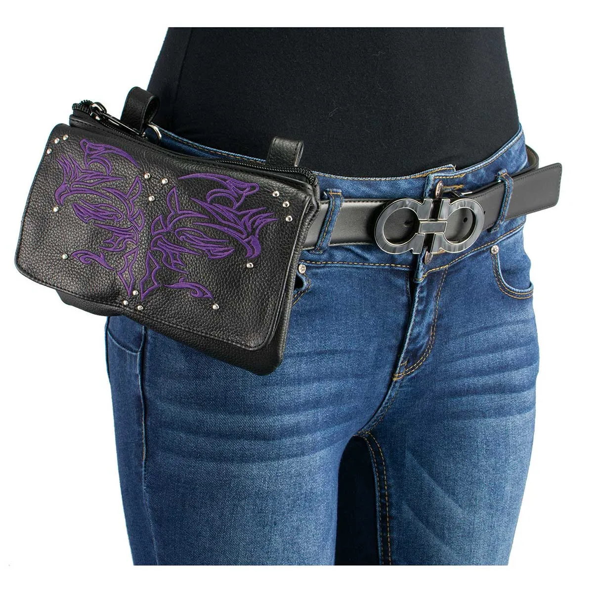 Milwaukee Leather MP8852 Women's Black and Purple Leather Multi Pocket Belt Bag