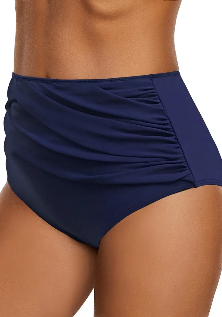 Navy Blue High-Waist Draped Bikini Bottom