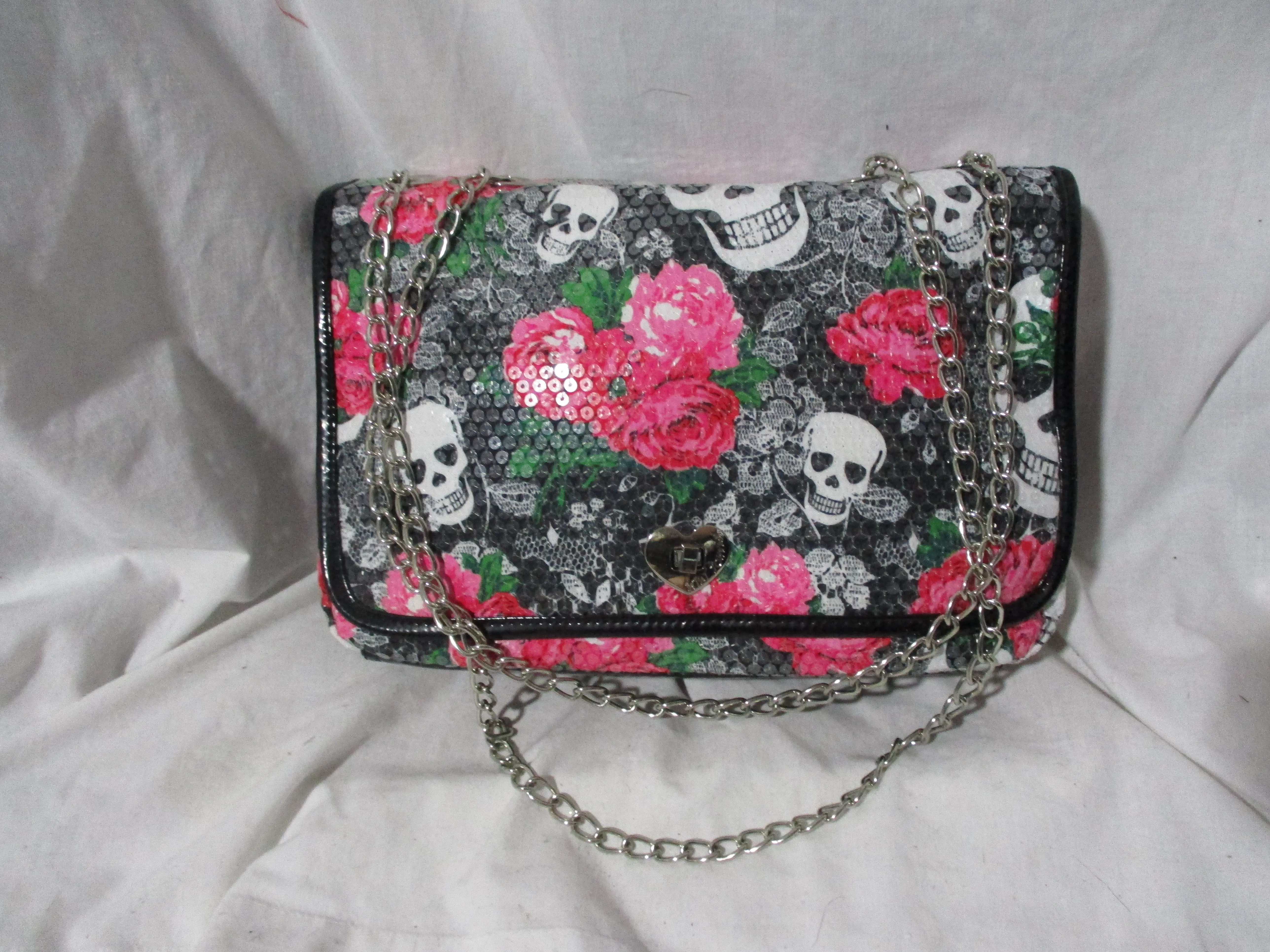 NEW BETSEY JOHNSON Sequin Skull Rose Satchel Shoulder Bag BLACK Hipster