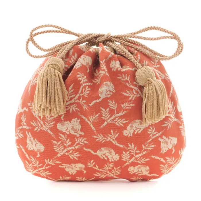 Nishijin-ori Small Drawstring Bag - Bamboo Groves and Cats / Rose -,  Made in Kyoto, Japan,  Japanese traditional craft purse