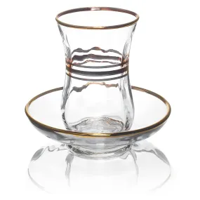 Original Turkish Tea Glasses with Gold Detailing and Saucers, 4 Ounce - Set of 6, Small