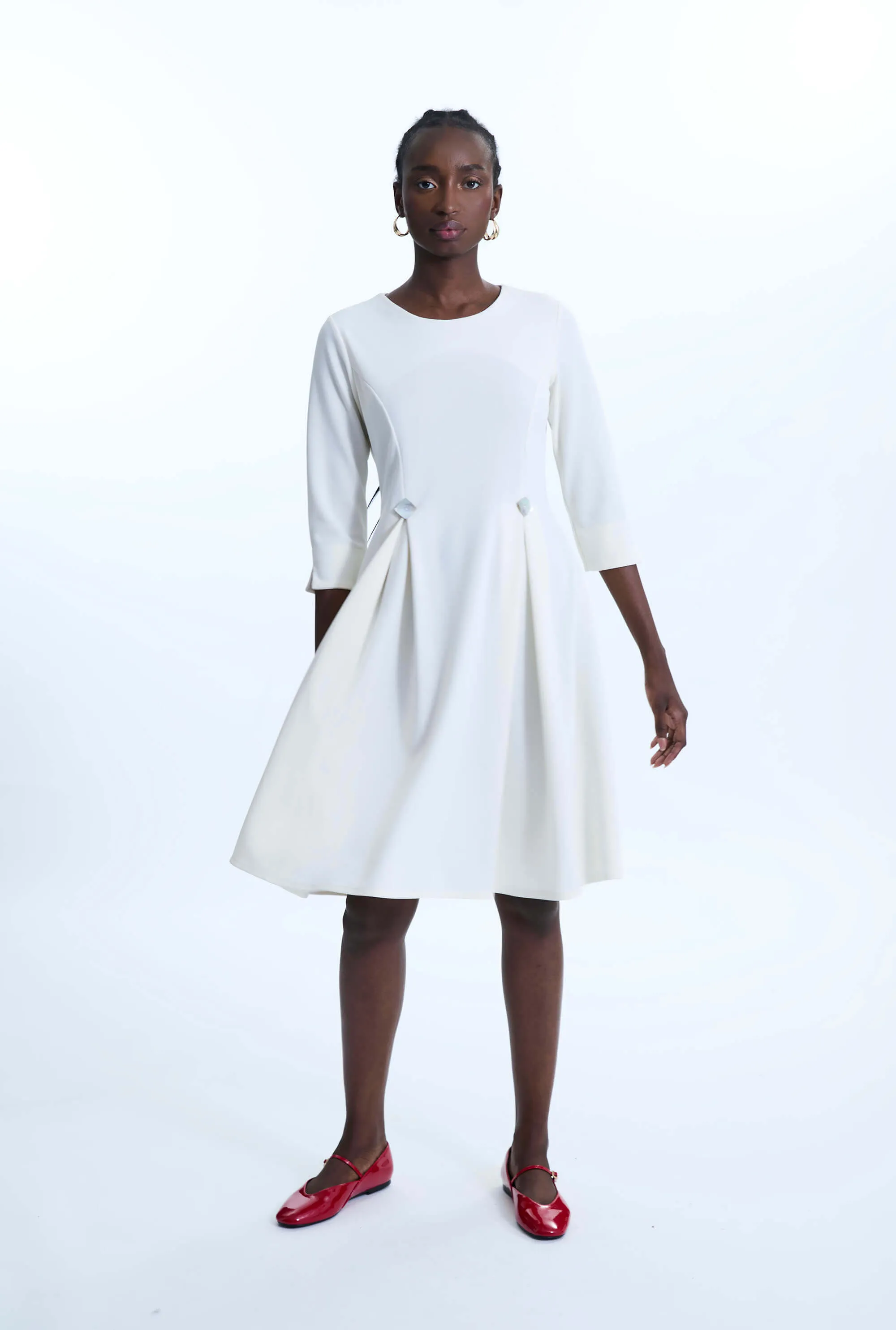 Pin Tuck Button Midi Dress Cream