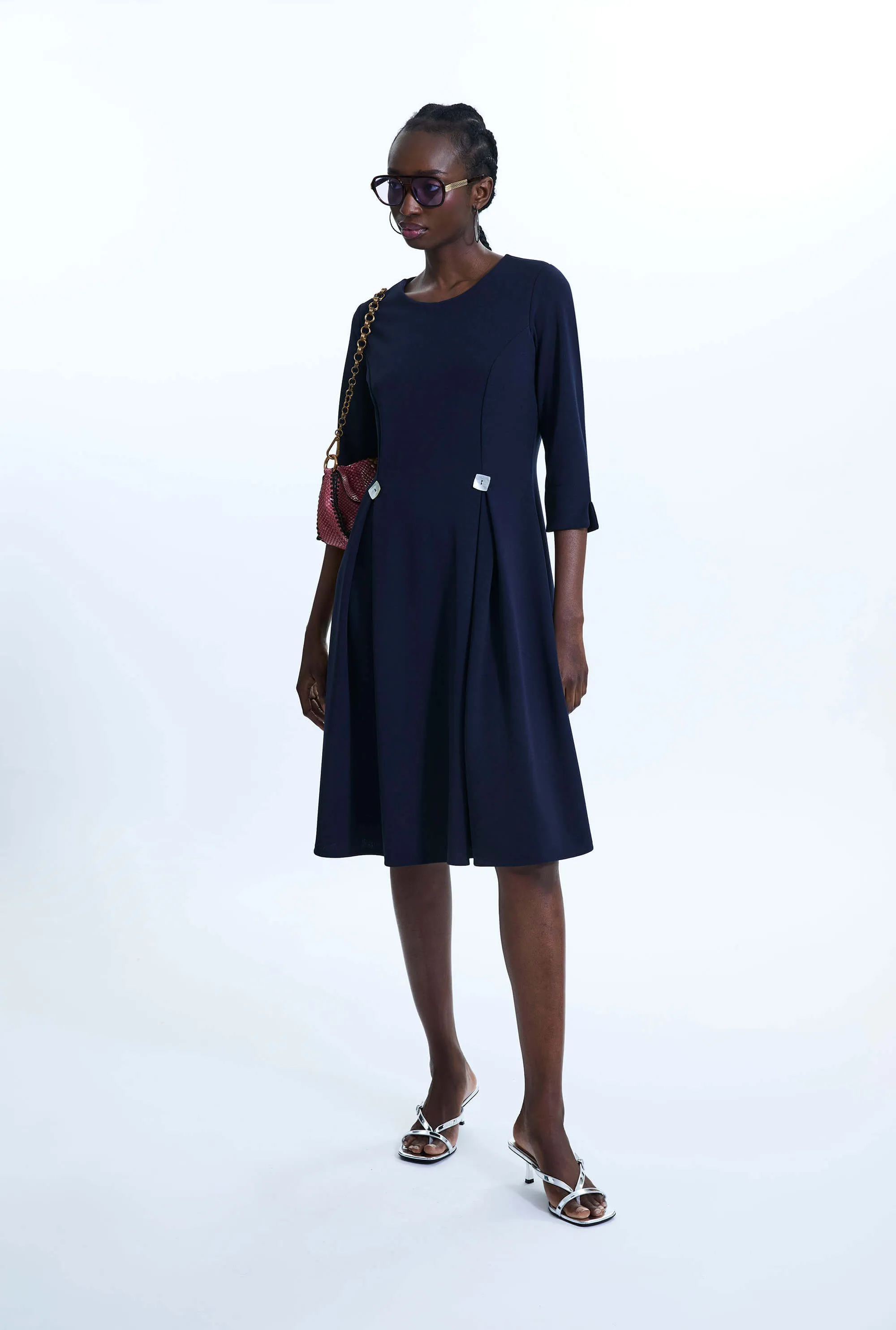 Pin Tuck Button Midi Dress Navy