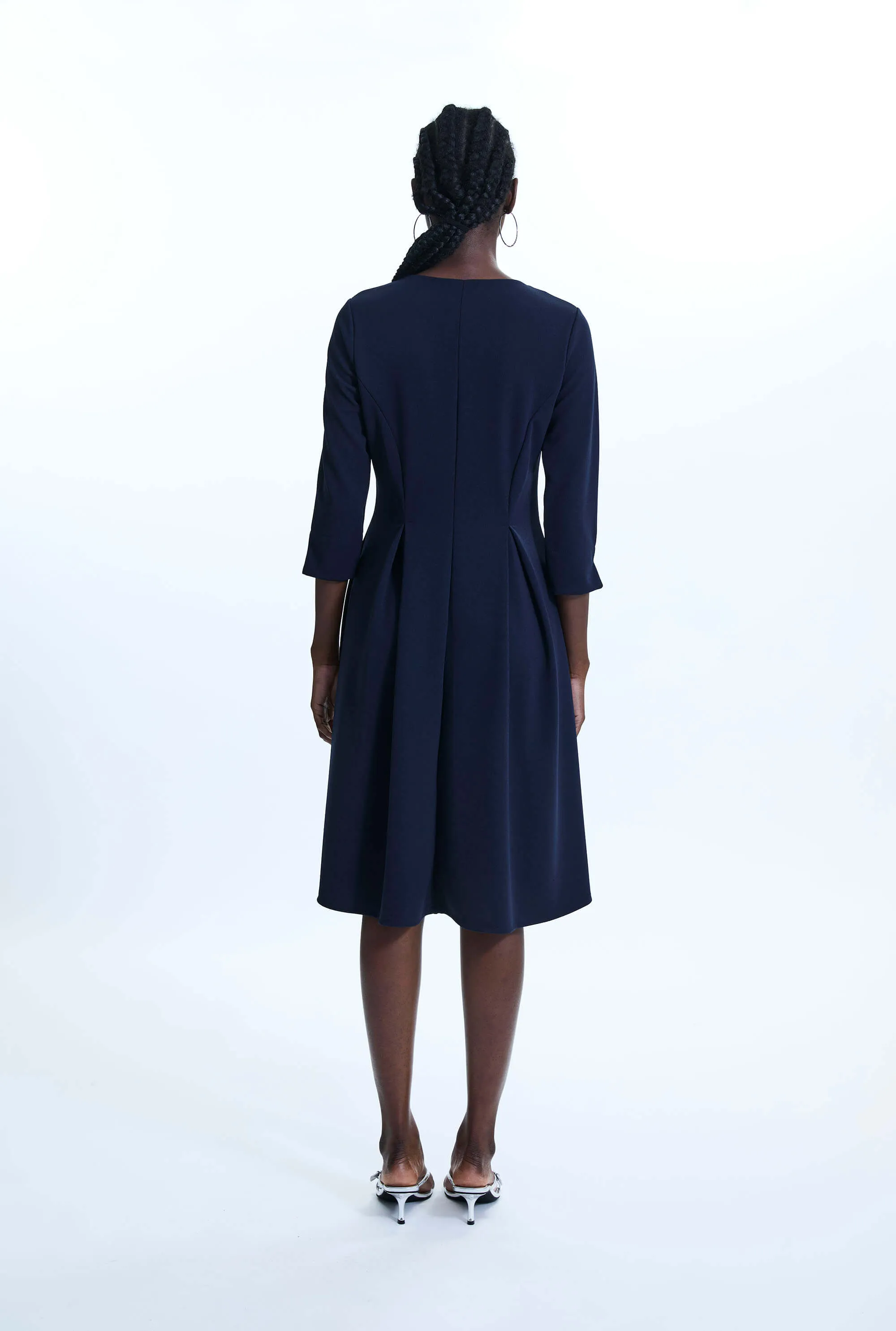 Pin Tuck Button Midi Dress Navy