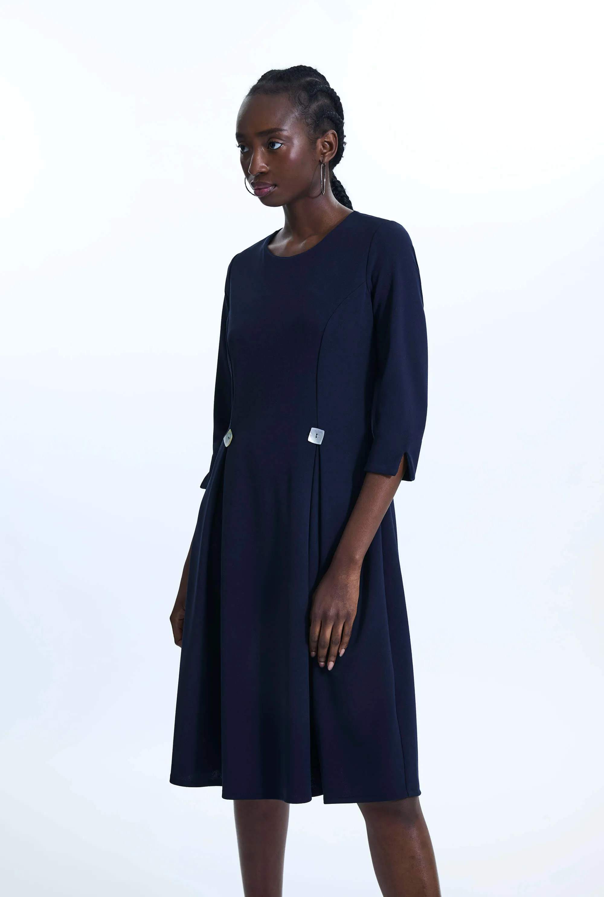 Pin Tuck Button Midi Dress Navy