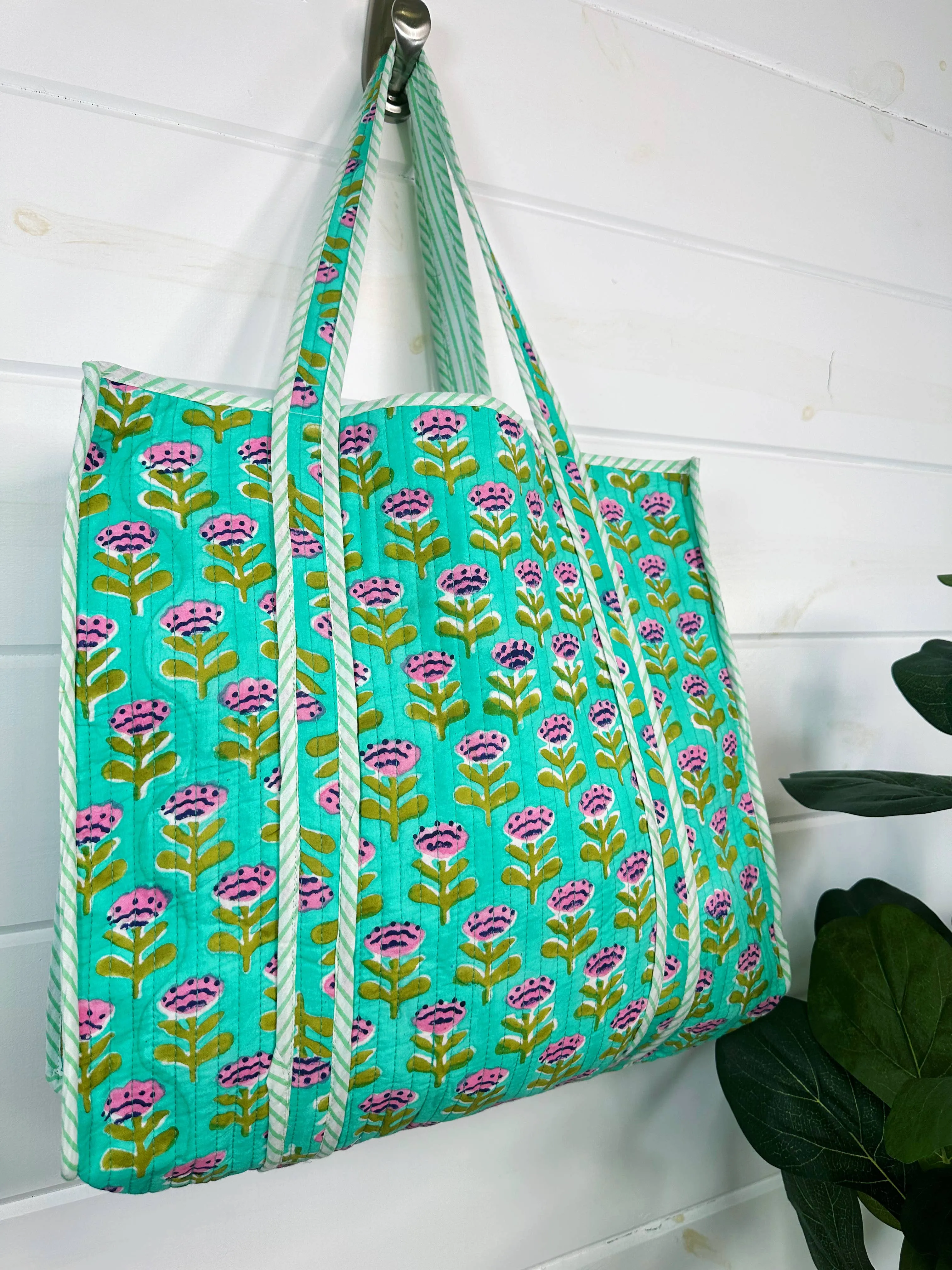 Quilted Tote Bag | Aqua Floral Bag | Large Shopping Tote Bag