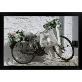 "Bicycle parked against a wall, Trulli House, Alberobello, Apulia, Italy" Black Framed Print