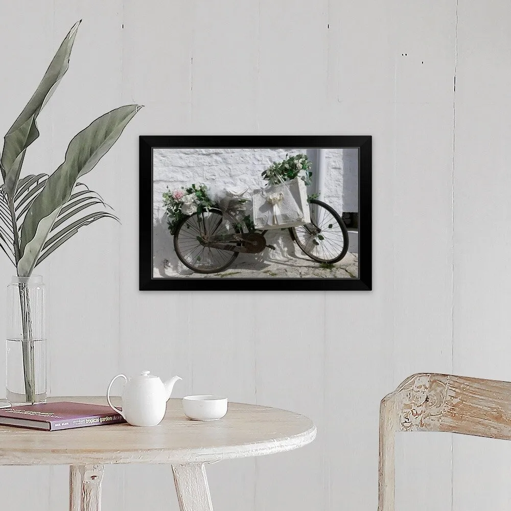 "Bicycle parked against a wall, Trulli House, Alberobello, Apulia, Italy" Black Framed Print