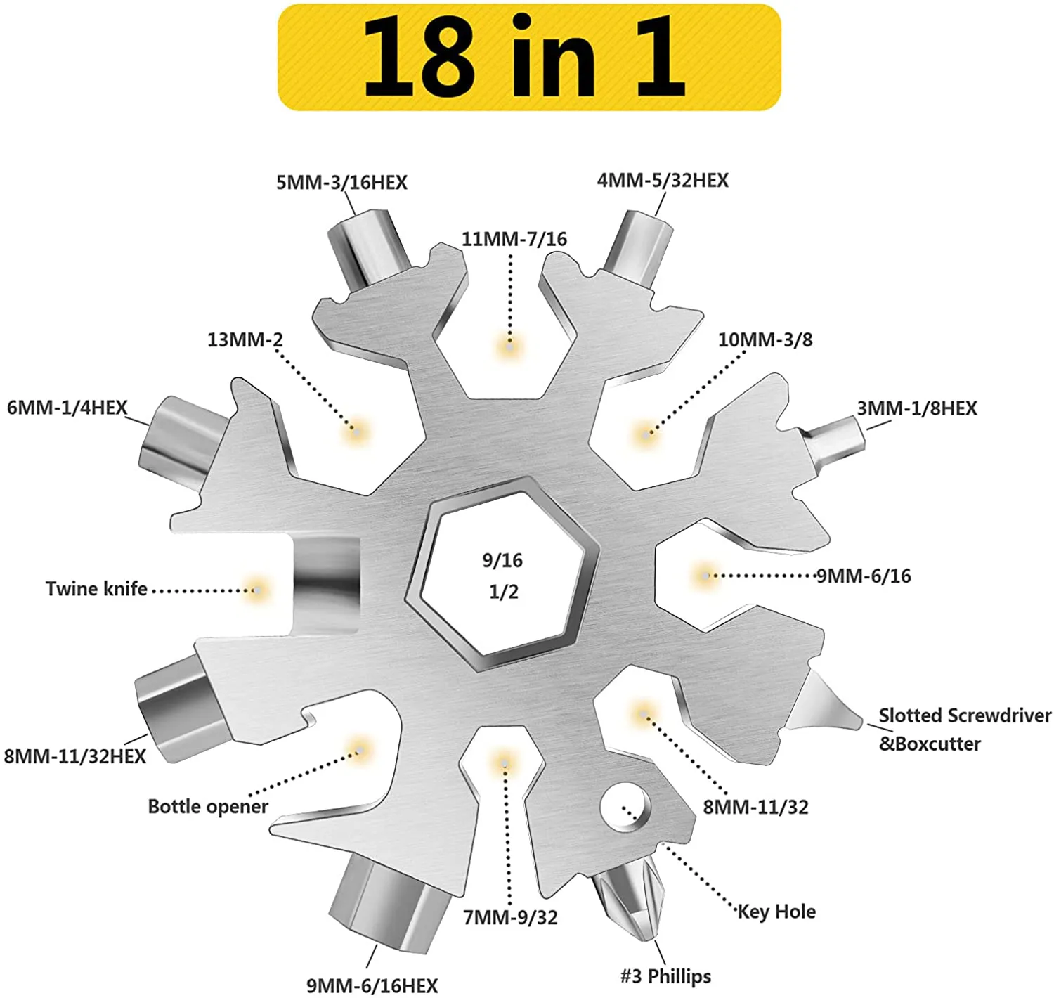 Snowflake Multi Tool, 1PCS 18 in 1 Snowflake Tool Stainless Steel Snowflake Handy Tool with Carabiner Clip, Keyring and Storage Bag (Silver)