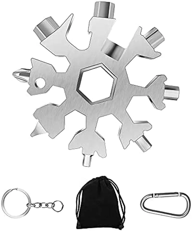 Snowflake Multi Tool, 1PCS 18 in 1 Snowflake Tool Stainless Steel Snowflake Handy Tool with Carabiner Clip, Keyring and Storage Bag (Silver)