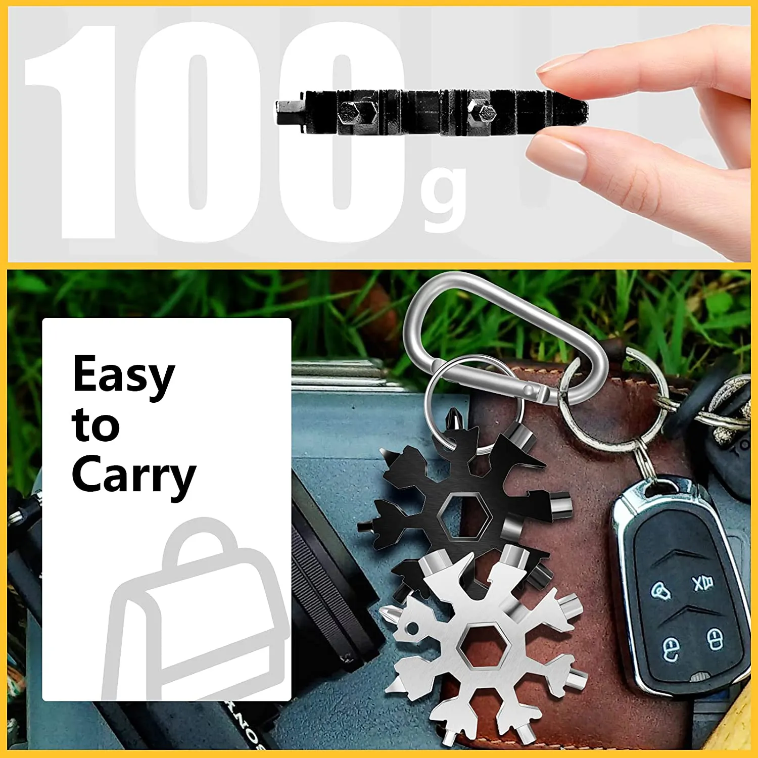 Snowflake Multi Tool, 1PCS 18 in 1 Snowflake Tool Stainless Steel Snowflake Handy Tool with Carabiner Clip, Keyring and Storage Bag (Silver)