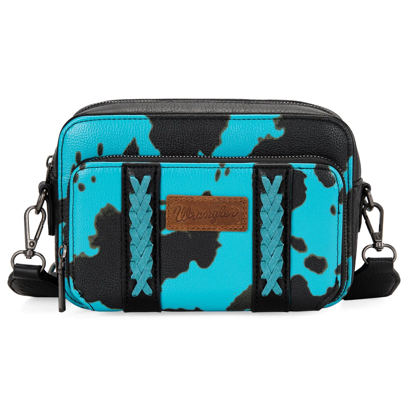 WG133-3003  Wrangler Cow Print Crossbody Purse With Wallet Compartment - Turquoise