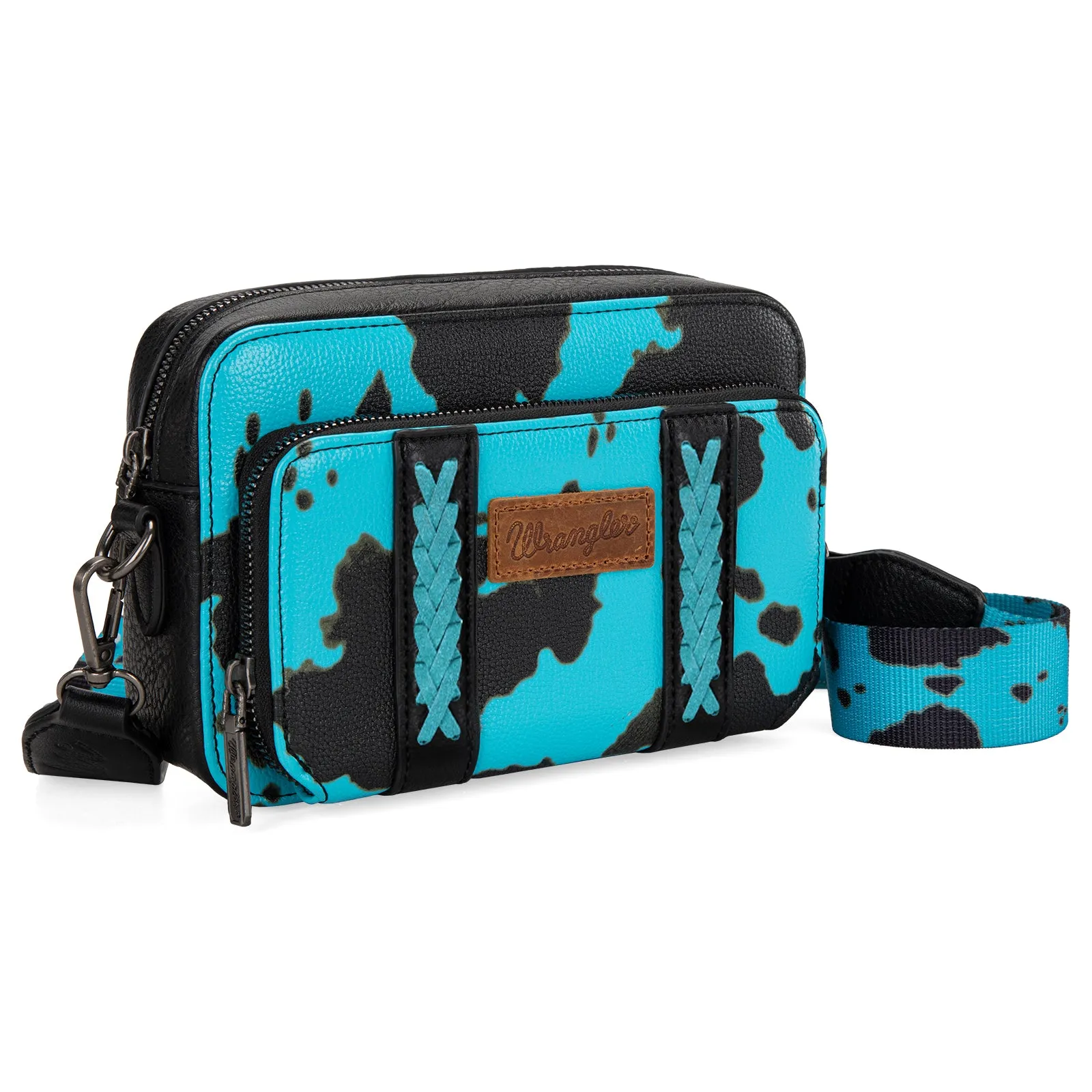 WG133-3003  Wrangler Cow Print Crossbody Purse With Wallet Compartment - Turquoise