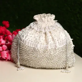 White Potli Bag Hand embroidered and Embellished with Swarovski Crystals & Pearls