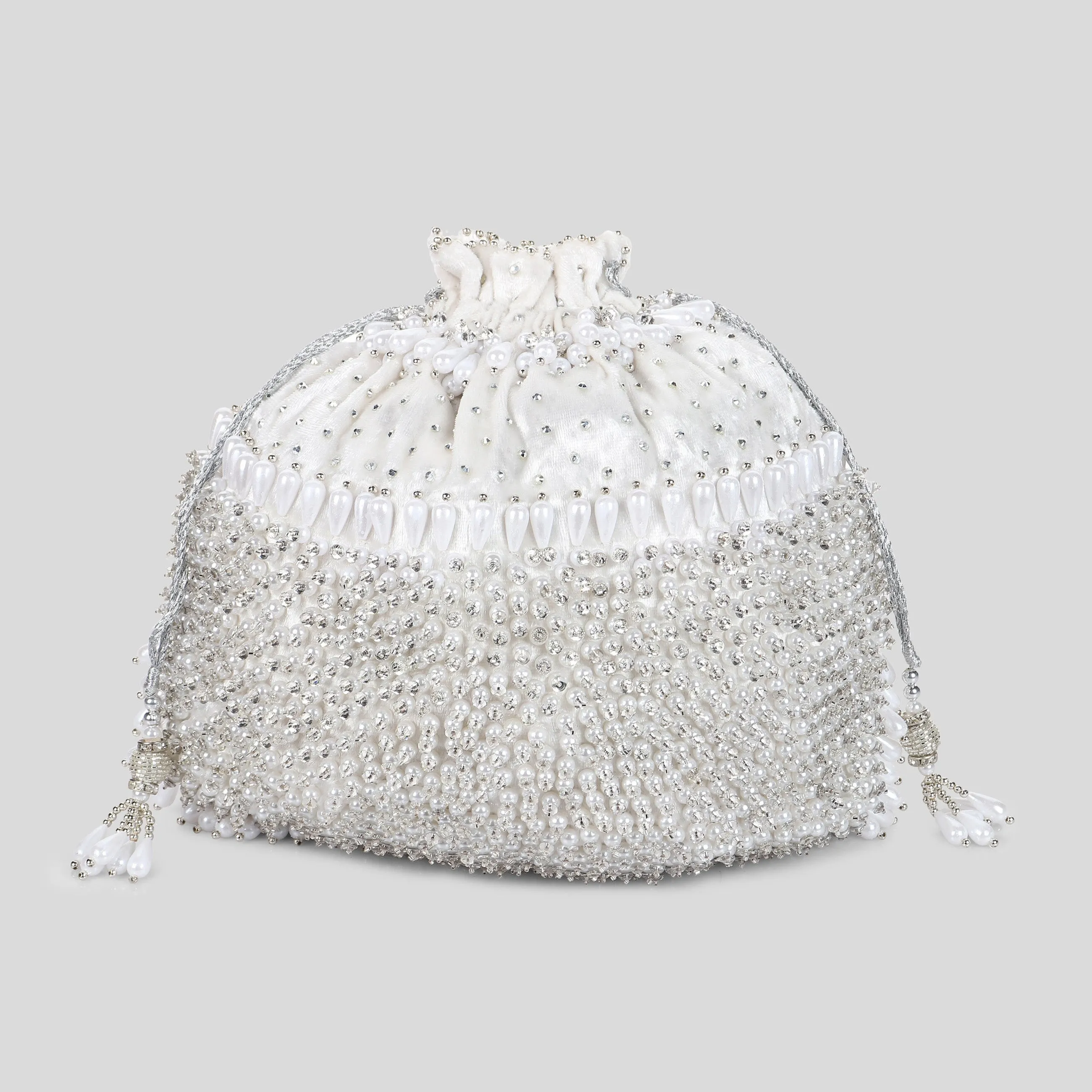 White Potli Bag Hand embroidered and Embellished with Swarovski Crystals & Pearls