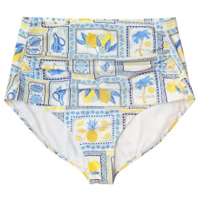 Women's High Waist Bikini Bottoms Ruched | "Mediterranean Lemons"